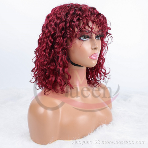 Mayqueen Wholesale Glueless 99j Color Short Curl Wig Machine Made Brazilian 100% Virgin Cuticle Aligned Human Hair Wig no Lace